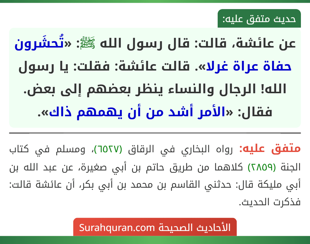 عن عائشة، قالت: قال رسول الله ﷺ: «تُحشَرون حفاة عراة غرلا». قالت عائشة: فقلت: يا رسول الله! الرجال والنساء ينظر بعضهم إلى بعض. فقال: «الأمر أشد من أن يهمهم ذاك».