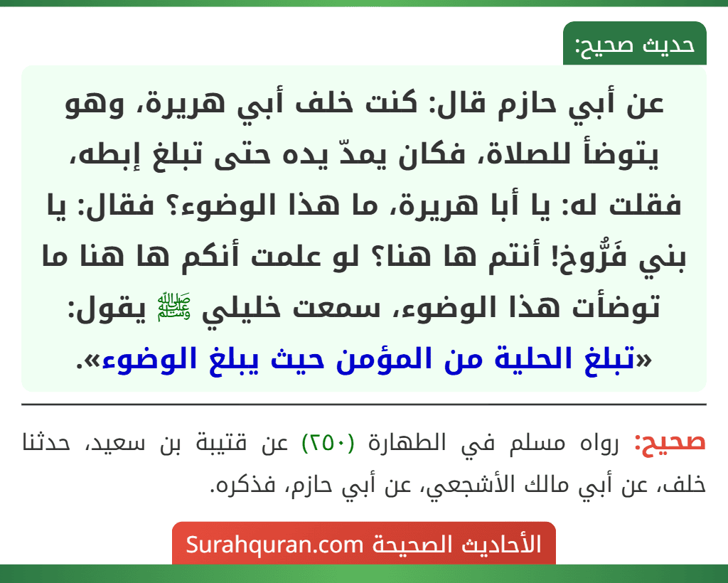 عن أبي حازم قال: كنت خلف أبي هريرة، وهو يتوضأ للصلاة، فكان يمدّ يده حتى تبلغ إبطه، فقلت له: يا أبا هريرة، ما هذا الوضوء؟ فقال: يا بني فَرُّوخ! أنتم ها هنا؟ لو علمت أنكم ها هنا ما توضأت هذا الوضوء، سمعت خليلي ﷺ يقول: «تبلغ الحلية من المؤمن حيث يبلغ الوضوء». عن أبي حازم قال: كنت خلف أبي هريرة، وهو يتوضأ للصلاة، فكان يمدّ يده حتى تبلغ إبطه، فقلت له: يا أبا هريرة، ما هذا الوضوء؟ فقال: يا بني فَرُّوخ! أنتم ها هنا؟ لو علمت أنكم ها هنا ما توضأت هذا الوضوء، سمعت خليلي ﷺ يقول: «تبلغ الحلية من المؤمن حيث يبلغ الوضوء».