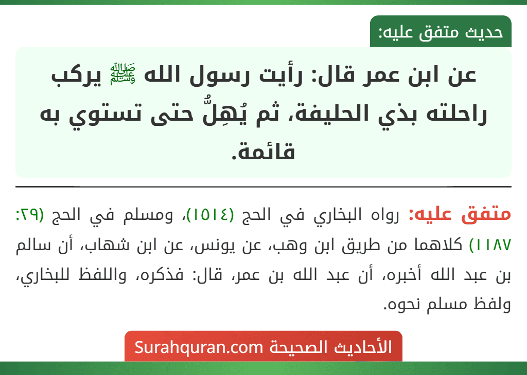 عن ابن عمر قال: رأيت رسول الله ﷺ يركب راحلته بذي الحليفة، ثم يُهِلُّ حتى تستوي به قائمة.