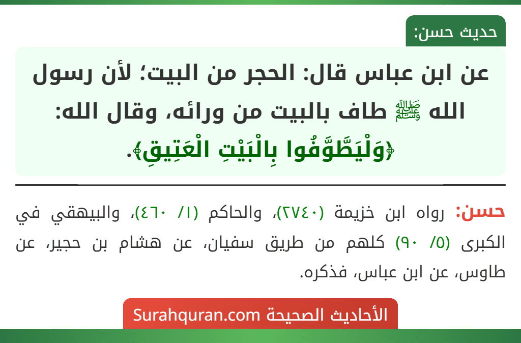 عن ابن عباس قال: الحجر من البيت؛ لأن رسول الله ﷺ طاف بالبيت من ورائه، وقال الله: ﴿وَلْيَطَّوَّفُوا بِالْبَيْتِ الْعَتِيقِ﴾.
