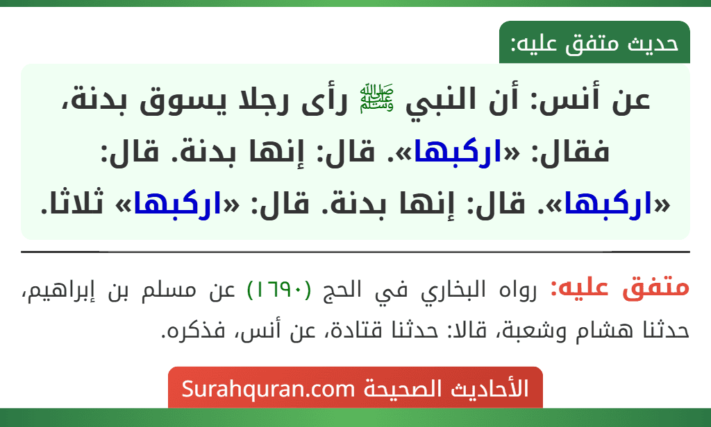 عن أنس: أن النبي ﷺ رأى رجلا يسوق بدنة، فقال: «اركبها». قال: إنها بدنة. قال: «اركبها». قال: إنها بدنة. قال: «اركبها» ثلاثا.