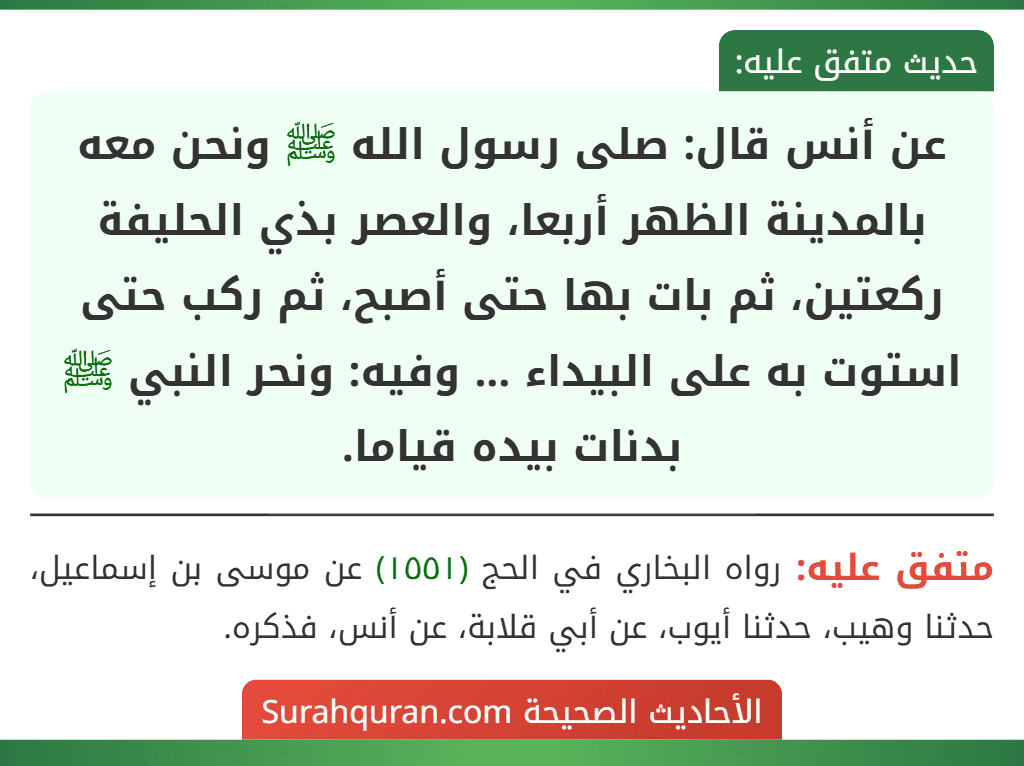 عن أنس قال: صلى رسول الله ﷺ ونحن معه بالمدينة الظهر أربعا، والعصر بذي الحليفة ركعتين، ثم بات بها حتى أصبح، ثم ركب حتى استوت به على البيداء ... وفيه: ونحر النبي ﷺ بدنات بيده قياما.
