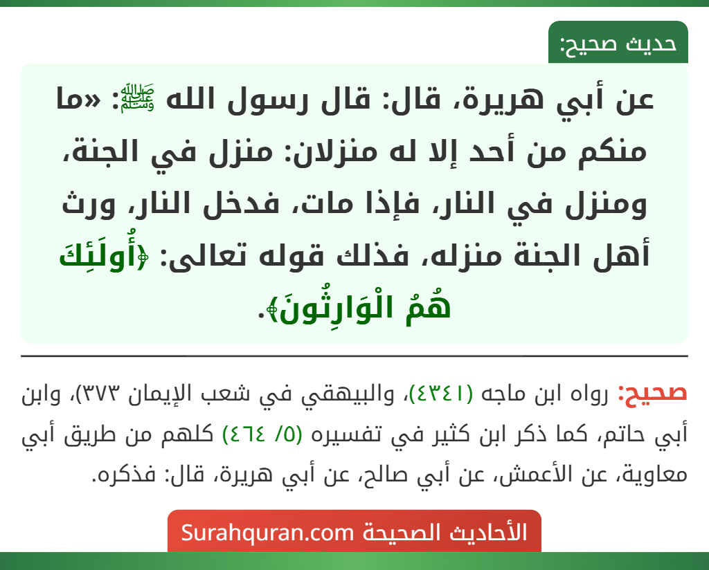 عن أبي هريرة، قال: قال رسول الله ﷺ: «ما منكم من أحد إلا له منزلان: منزل في الجنة، ومنزل في النار، فإذا مات، فدخل النار، ورث أهل الجنة منزله، فذلك قوله تعالى: ﴿أُولَئِكَ هُمُ الْوَارِثُونَ﴾.