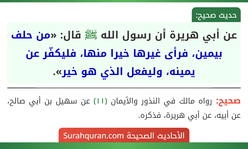 عن أبي هريرة أن رسول الله ﷺ قال: «من حلف بيمين، فرأى غيرها خيرا منها، فليكفّر عن يمينه، وليفعل الذي هو خير». عن أبي هريرة أن رسول الله ﷺ قال: «من حلف بيمين، فرأى غيرها خيرا منها، فليكفّر عن يمينه، وليفعل الذي هو خير».