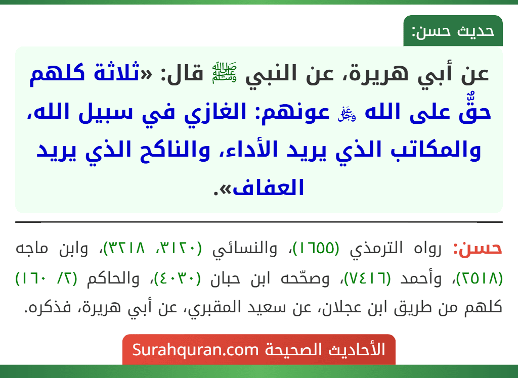 عن أبي هريرة، عن النبي ﷺ قال: «ثلاثة كلهم حقٌّ على الله ﷿ عونهم: الغازي في سبيل الله، والمكاتب الذي يريد الأداء، والناكح الذي يريد العفاف».