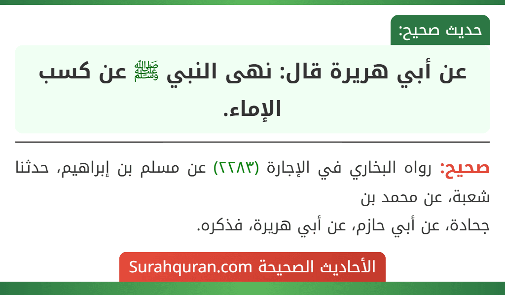 عن أبي هريرة قال: نهى النبي ﷺ عن كسب الإماء.