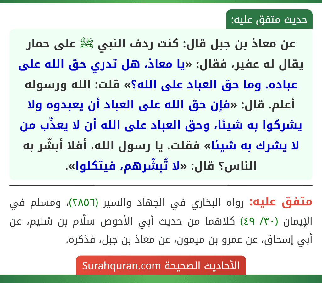 عن معاذ بن جبل قال: كنت ردف النبي ﷺ على حمار يقال له عفير، فقال: «يا معاذ، هل تدري حق الله على عباده. وما حق العباد على الله؟» قلت: الله ورسوله أعلم. قال: «فإن حق الله على العباد أن يعبدوه ولا يشركوا به شيئا، وحق العباد على الله أن لا يعذّب من لا يشرك به شيئا» فقلت. يا رسول الله، أفلا أبشّر به الناس؟ قال: «لا تُبشّرهم، فيتكلوا». عن معاذ بن جبل قال: كنت ردف النبي ﷺ على حمار يقال له عفير، فقال: «يا معاذ، هل تدري حق الله على عباده. وما حق العباد على الله؟» قلت: الله ورسوله أعلم. قال: «فإن حق الله على العباد أن يعبدوه ولا يشركوا به شيئا، وحق العباد على الله أن لا يعذّب من لا يشرك به شيئا» فقلت. يا رسول الله، أفلا أبشّر به الناس؟ قال: «لا تُبشّرهم، فيتكلوا».