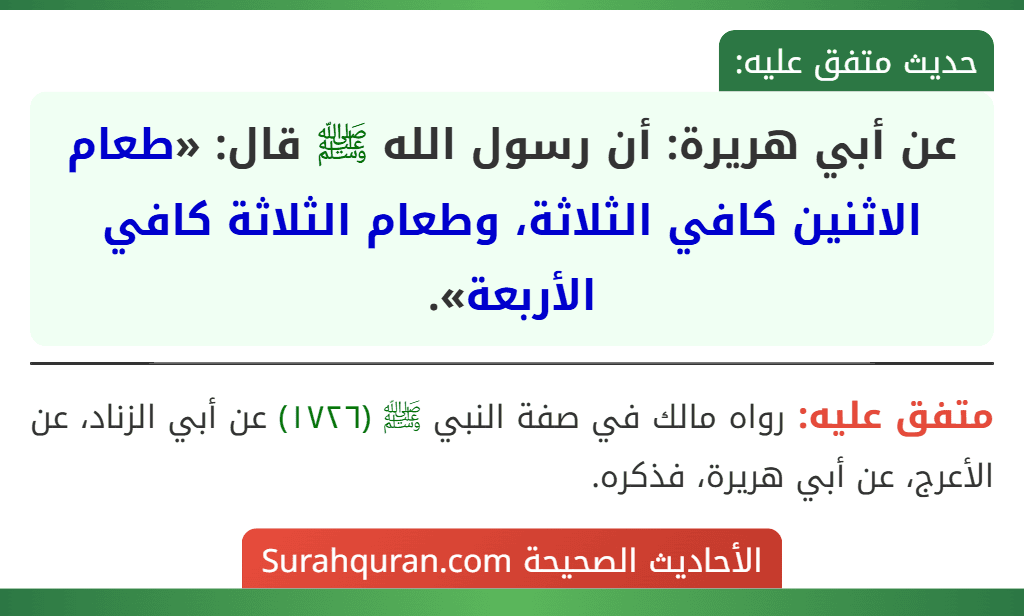 عن أبي هريرة: أن رسول الله ﷺ قال: «طعام الاثنين كافي الثلاثة، وطعام الثلاثة كافي الأربعة». عن أبي هريرة: أن رسول الله ﷺ قال: «طعام الاثنين كافي الثلاثة، وطعام الثلاثة كافي الأربعة».