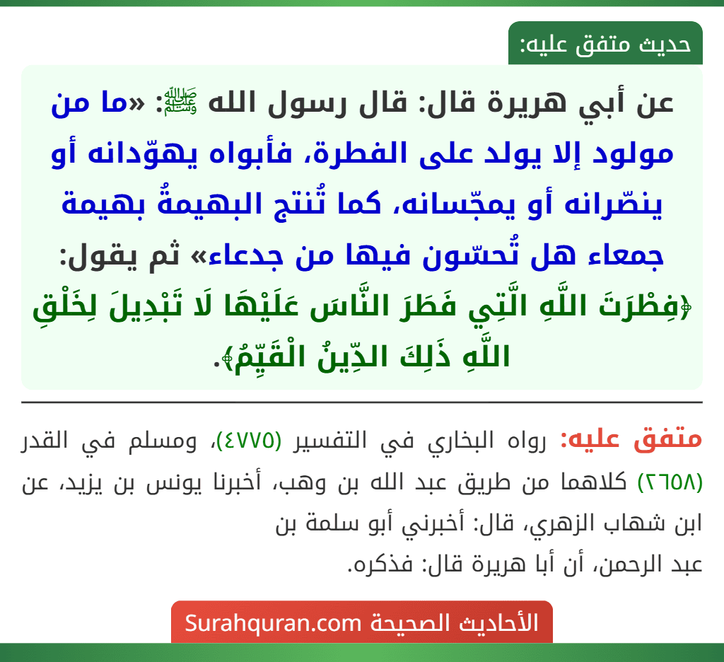 عن أبي هريرة قال: قال رسول الله ﷺ: «ما من مولود إلا يولد على الفطرة، فأبواه يهوّدانه أو ينصّرانه أو يمجّسانه، كما تُنتج البهيمةُ بهيمة جمعاء هل تُحسّون فيها من جدعاء» ثم يقول: ﴿فِطْرَتَ اللَّهِ الَّتِي فَطَرَ النَّاسَ عَلَيْهَا لَا تَبْدِيلَ لِخَلْقِ اللَّهِ ذَلِكَ الدِّينُ الْقَيِّمُ﴾.