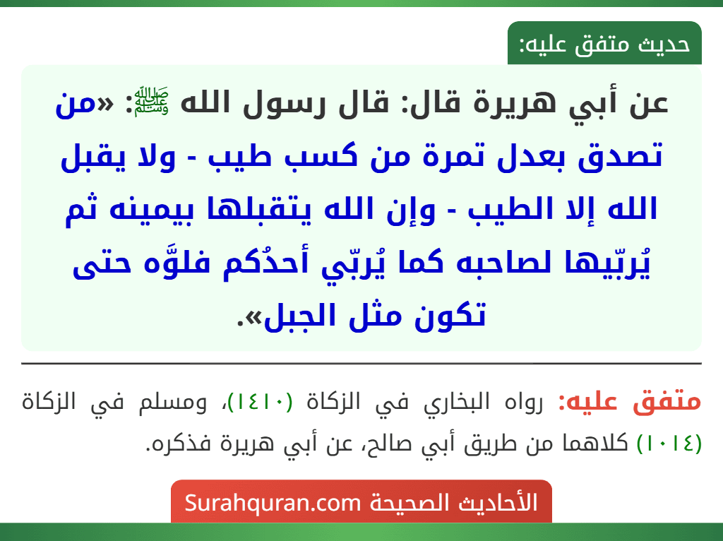 عن أبي هريرة قال: قال رسول الله ﷺ: «من تصدق بعدل تمرة من كسب طيب - ولا يقبل الله إلا الطيب - وإن الله يتقبلها بيمينه ثم يُربّيها لصاحبه كما يُربّي أحدُكم فلوَّه حتى تكون مثل الجبل».