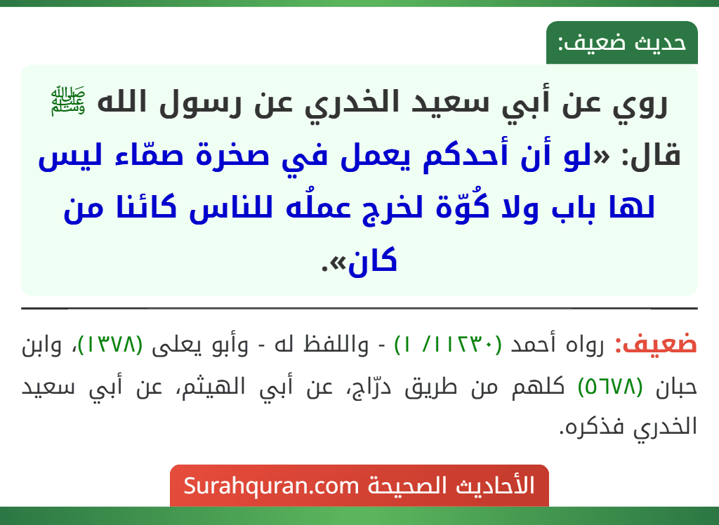 روي عن أبي سعيد الخدري عن رسول الله ﷺ قال: «لو أن أحدكم يعمل في صخرة صمّاء ليس لها باب ولا كُوّة لخرج عملُه للناس كائنا من كان». روي عن أبي سعيد الخدري عن رسول الله ﷺ قال: «لو أن أحدكم يعمل في صخرة صمّاء ليس لها باب ولا كُوّة لخرج عملُه للناس كائنا من كان».