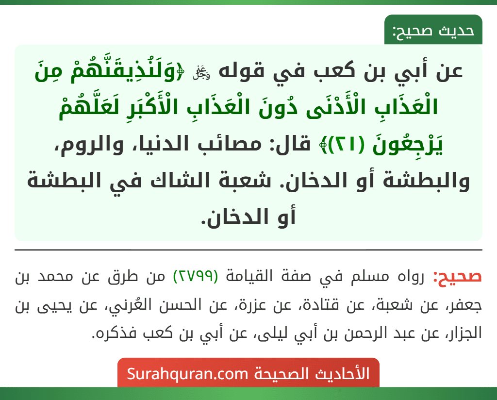 عن أبي بن كعب في قوله ﷿ ﴿وَلَنُذِيقَنَّهُمْ مِنَ الْعَذَابِ الْأَدْنَى دُونَ الْعَذَابِ الْأَكْبَرِ لَعَلَّهُمْ يَرْجِعُونَ (٢١)﴾ قال: مصائب الدنيا، والروم، والبطشة أو الدخان. شعبة الشاك في البطشة أو الدخان.