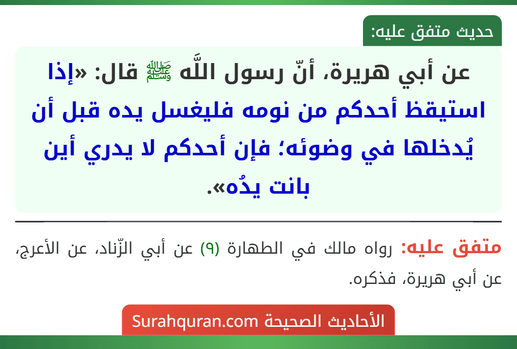 عن أبي هريرة، أنّ رسول اللَّه ﷺ قال: «إذا استيقظ أحدكم من نومه فليغسل يده قبل أن يُدخلها في وضوئه؛ فإن أحدكم لا يدري أين بانت يدُه».