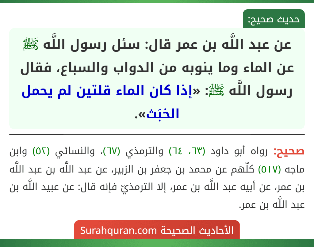 عن عبد اللَّه بن عمر قال: سئل رسول اللَّه ﷺ عن الماء وما ينوبه من الدواب والسباع، فقال رسول اللَّه ﷺ: «إذا كان الماء قلتين لم يحمل الخبَث».