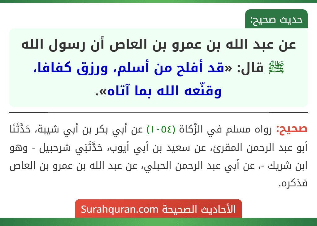 عن عبد الله بن عمرو بن العاص أن رسول الله ﷺ قال: «قد أفلح من أسلم، ورزق كفافا، وقنّعه الله بما آتاه».