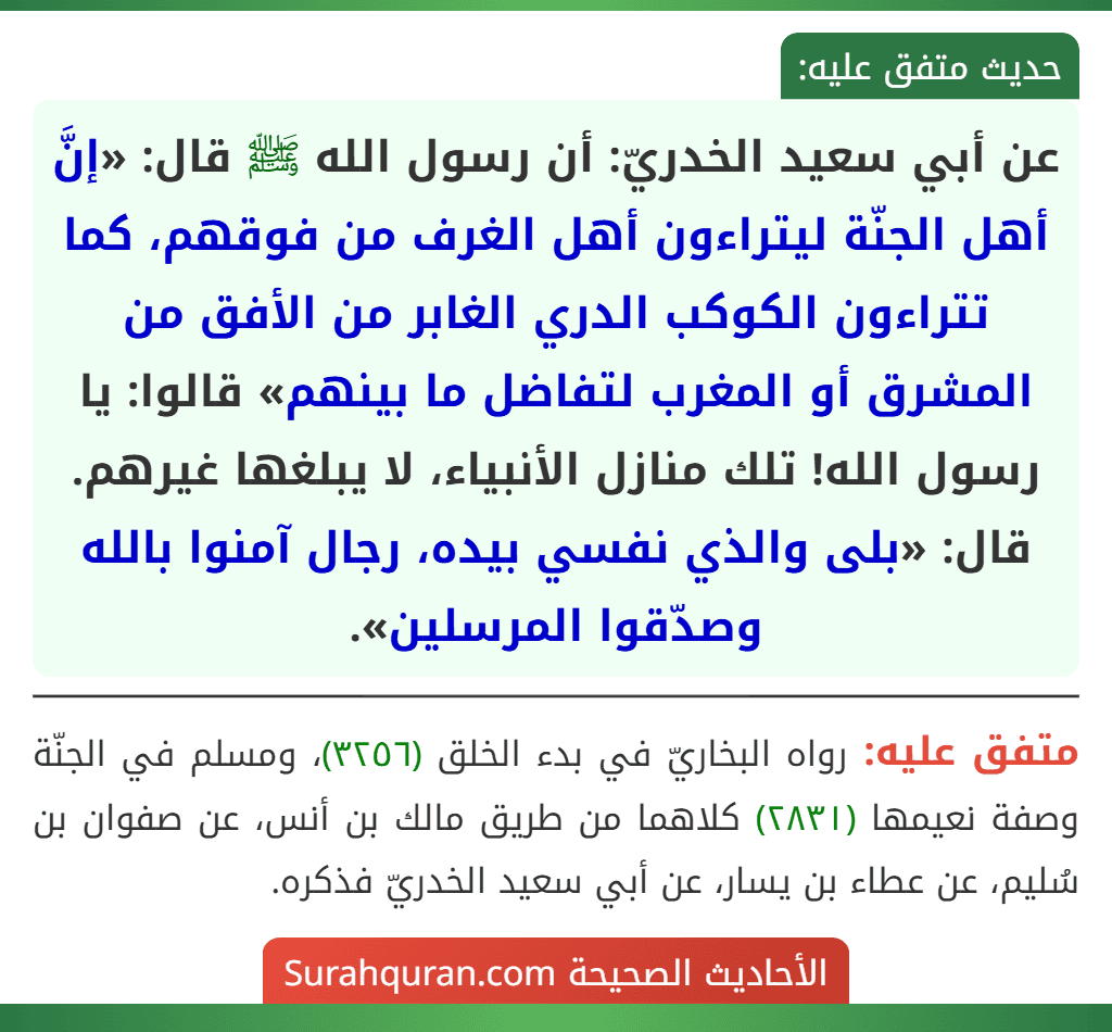 عن أبي سعيد الخدريّ: أن رسول الله ﷺ قال: «إنَّ أهل الجنّة ليتراءون أهل الغرف من فوقهم، كما تتراءون الكوكب الدري الغابر من الأفق من المشرق أو المغرب لتفاضل ما بينهم» قالوا: يا رسول الله! تلك منازل الأنبياء، لا يبلغها غيرهم.
قال: «بلى والذي نفسي بيده، رجال آمنوا بالله وصدّقوا المرسلين».