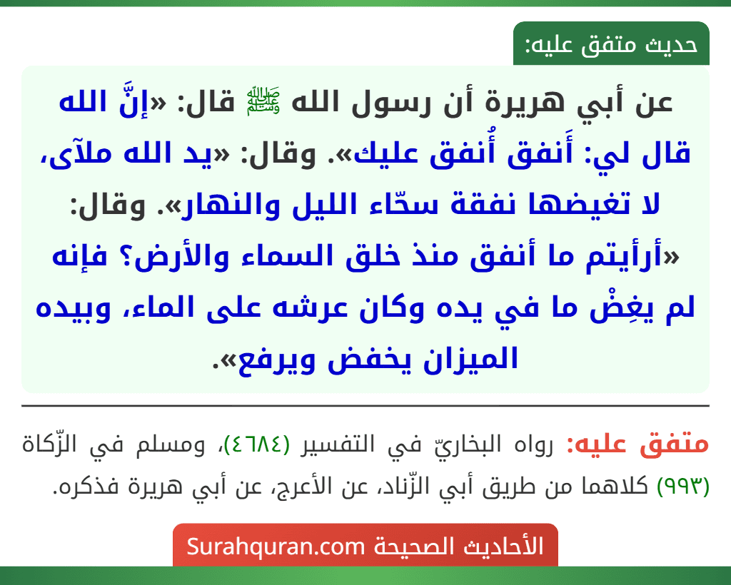 عن أبي هريرة أن رسول الله ﷺ قال: «إنَّ الله قال لي: أَنفق أُنفق عليك». وقال: «يد الله ملآى، لا تغيضها نفقة سحّاء الليل والنهار». وقال: «أرأيتم ما أنفق منذ خلق السماء والأرض؟ فإنه لم يغِضْ ما في يده وكان عرشه على الماء، وبيده الميزان يخفض ويرفع».