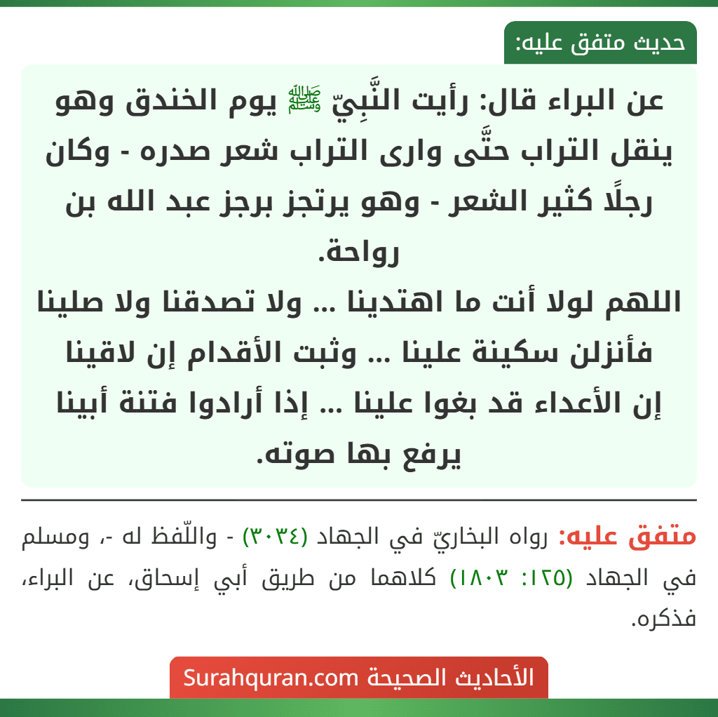 عن البراء قال: رأيت النَّبِيّ ﷺ يوم الخندق وهو ينقل التراب حتَّى وارى التراب شعر صدره - وكان رجلًا كثير الشعر - وهو يرتجز برجز عبد الله بن رواحة.
اللهم لولا أنت ما اهتدينا ... ولا تصدقنا ولا صلينا
فأنزلن سكينة علينا ... وثبت الأقدام إن لاقينا
إن الأعداء قد بغوا علينا ... إذا أرادوا فتنة أبينا
يرفع بها صوته.