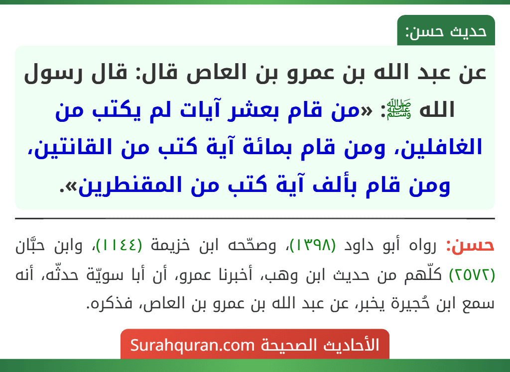 عن عبد الله بن عمرو بن العاص قال: قال رسول الله ﷺ: «من قام بعشر آيات لم يكتب من الغافلين، ومن قام بمائة آية كتب من القانتين، ومن قام بألف آية كتب من المقنطرين».