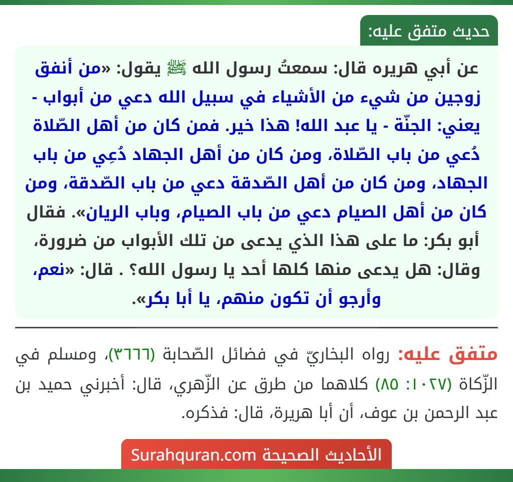 عن أبي هريره قال: سمعتُ رسول الله ﷺ يقول: «من أنفق زوجين من شيء من الأشياء في سبيل الله دعي من أبواب - يعني: الجنّة - يا عبد الله! هذا خير. فمن كان من أهل الصّلاة دُعي من باب الصّلاة، ومن كان من أهل الجهاد دُعِي من باب الجهاد، ومن كان من أهل الصّدقة دعي من باب الصّدقة، ومن كان من أهل الصيام دعي من باب الصيام، وباب الريان». فقال أبو بكر: ما على هذا الذي يدعى من تلك الأبواب من ضرورة، وقال: هل يدعى منها كلها أحد يا رسول الله؟ . قال: «نعم، وأرجو أن تكون منهم، يا أبا بكر».