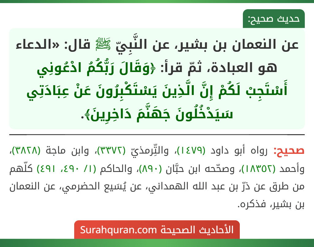 عن النعمان بن بشير، عن النَّبِيّ ﷺ قال: «الدعاء هو العبادة، ثمّ قرأ: ﴿وَقَالَ رَبُّكُمُ ادْعُونِي أَسْتَجِبْ لَكُمْ إِنَّ الَّذِينَ يَسْتَكْبِرُونَ عَنْ عِبَادَتِي سَيَدْخُلُونَ جَهَنَّمَ دَاخِرِينَ﴾.