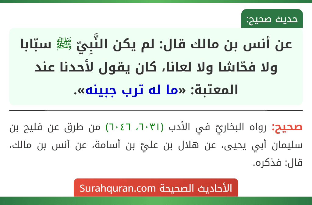 عن أنس بن مالك قال: لم يكن النَّبِيّ ﷺ سبّابا ولا فحّاشا ولا لعانا، كان يقول لأحدنا عند المعتبة: «ما له ترب جبينه».