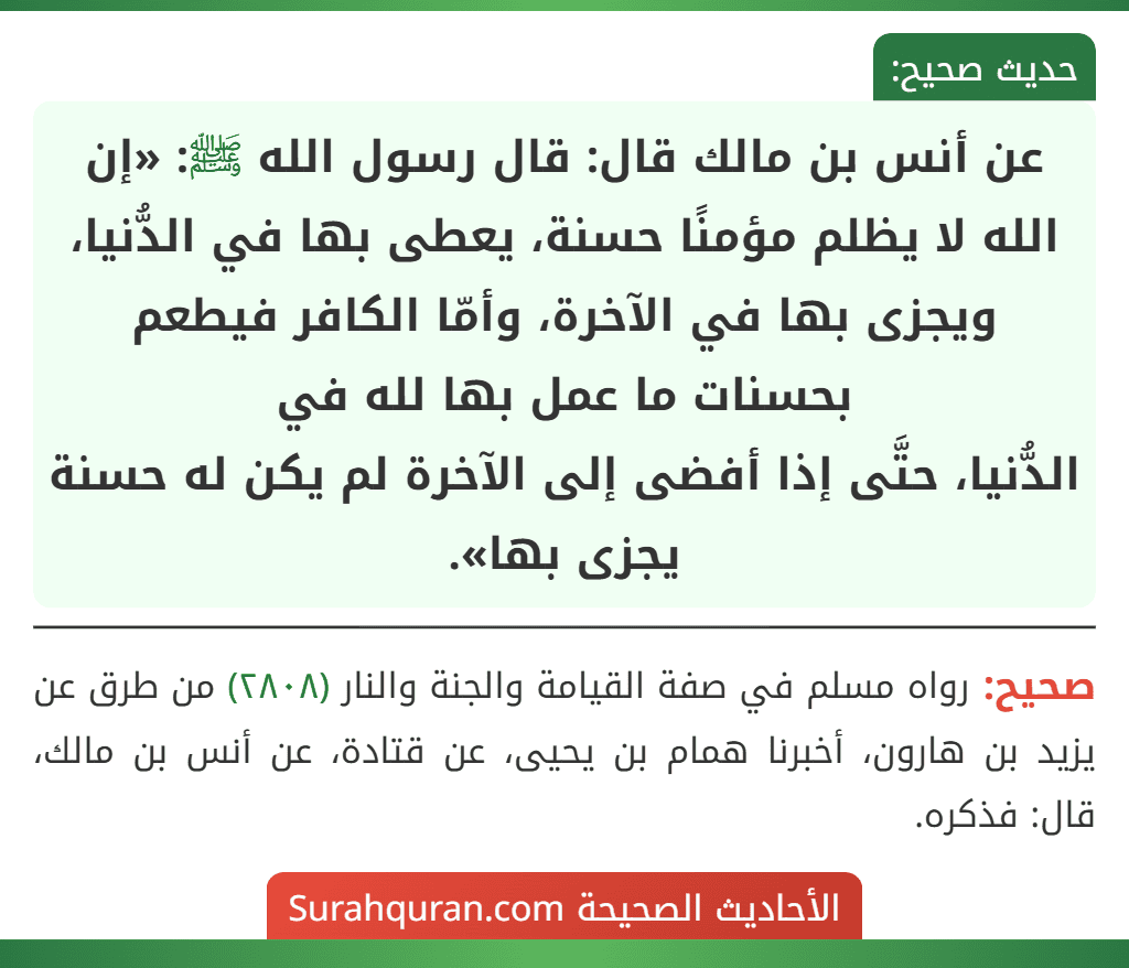 عن أنس بن مالك قال: قال رسول الله ﷺ: «إن الله لا يظلم مؤمنًا حسنة، يعطى بها في الدُّنيا، ويجزى بها في الآخرة، وأمّا الكافر فيطعم بحسنات ما عمل بها لله في
الدُّنيا، حتَّى إذا أفضى إلى الآخرة لم يكن له حسنة يجزى بها».