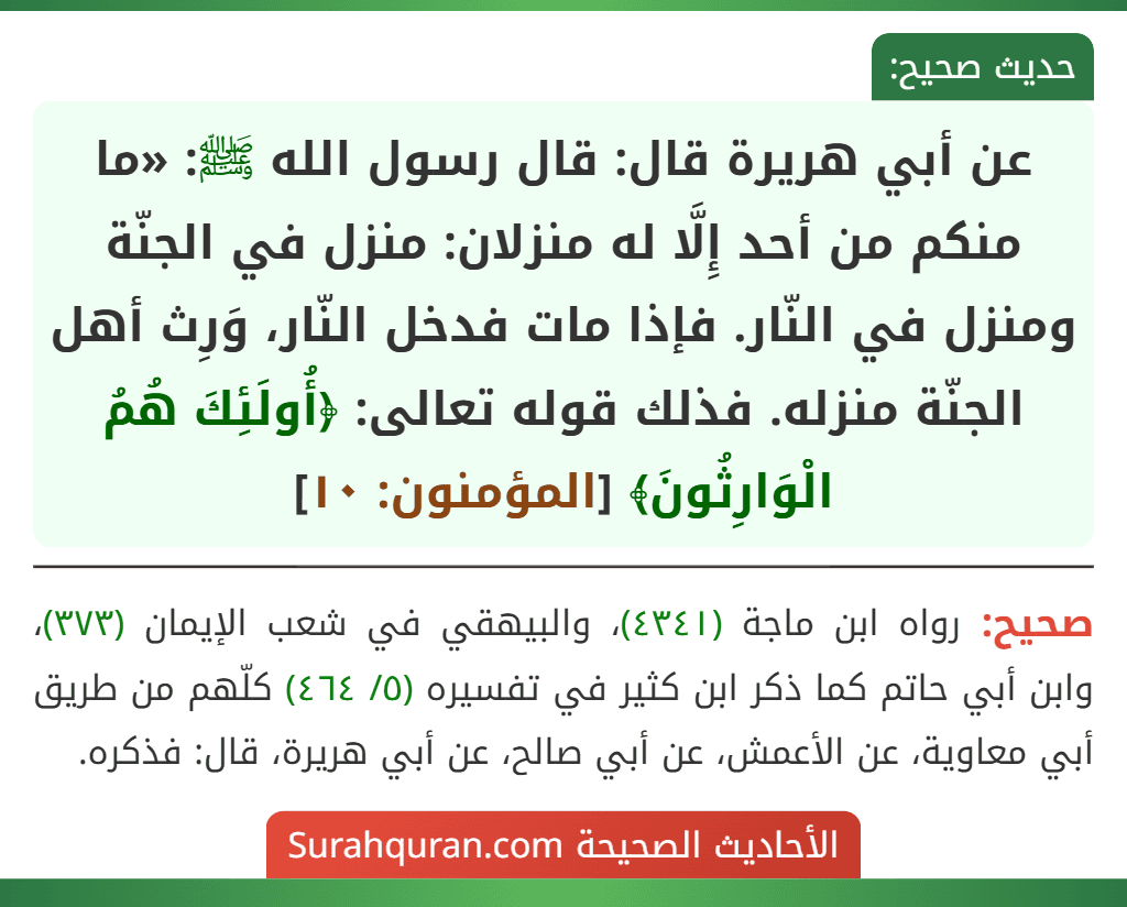 عن أبي هريرة قال: قال رسول الله ﷺ: «ما منكم من أحد إِلَّا له منزلان: منزل في الجنّة ومنزل في النّار. فإذا مات فدخل النّار، وَرِث أهل الجنّة منزله. فذلك قوله تعالى: ﴿أُولَئِكَ هُمُ الْوَارِثُونَ﴾ [المؤمنون: ١٠]