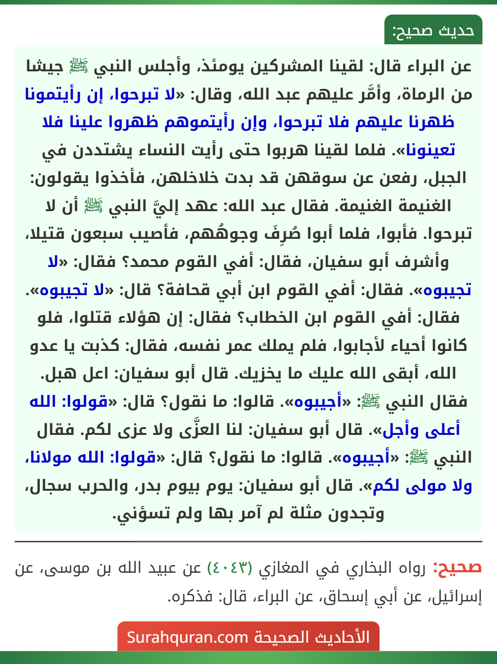 عن البراء قال: لقينا المشركين يومئذ، وأجلس النبي ﷺ جيشا من الرماة، وأمَّر عليهم عبد الله، وقال: «لا تبرحوا، إن رأيتمونا ظهرنا عليهم فلا تبرحوا، وإن رأيتموهم ظهروا علينا فلا تعينونا». فلما لقينا هربوا حتى رأيت النساء يشتددن في الجبل، رفعن عن سوقهن قد بدت خلاخلهن، فأخذوا يقولون: الغنيمة الغنيمة. فقال عبد الله: عهد إليَّ النبي ﷺ أن لا تبرحوا. فأبوا، فلما أبوا صُرِفَ وجوهُهم، فأصيب سبعون قتيلا، وأشرف أبو سفيان، فقال: أفي القوم محمد؟ فقال: «لا تجيبوه». فقال: أفي القوم ابن أبي قحافة؟ قال: «لا تجيبوه». فقال: أفي القوم ابن الخطاب؟ فقال: إن هؤلاء قتلوا، فلو كانوا أحياء لأجابوا، فلم يملك عمر نفسه، فقال: كذبت يا عدو الله، أبقى الله عليك ما يخزيك. قال أبو سفيان: اعل هبل. فقال النبي ﷺ: «أجيبوه». قالوا: ما نقول؟ قال: «قولوا: الله أعلى وأجل». قال أبو سفيان: لنا العزَّى ولا عزى لكم. فقال النبي ﷺ: «أجيبوه». قالوا: ما نقول؟ قال: «قولوا: الله مولانا، ولا مولى لكم». قال أبو سفيان: يوم بيوم بدر، والحرب سجال، وتجدون مثلة لم آمر بها ولم تسؤني. عن البراء قال: لقينا المشركين يومئذ، وأجلس النبي ﷺ جيشا من الرماة، وأمَّر عليهم عبد الله، وقال: «لا تبرحوا، إن رأيتمونا ظهرنا عليهم فلا تبرحوا، وإن رأيتموهم ظهروا علينا فلا تعينونا». فلما لقينا هربوا حتى رأيت النساء يشتددن في الجبل، رفعن عن سوقهن قد بدت خلاخلهن، فأخذوا يقولون: الغنيمة الغنيمة. فقال عبد الله: عهد إليَّ النبي ﷺ أن لا تبرحوا. فأبوا، فلما أبوا صُرِفَ وجوهُهم، فأصيب سبعون قتيلا، وأشرف أبو سفيان، فقال: أفي القوم محمد؟ فقال: «لا تجيبوه». فقال: أفي القوم ابن أبي قحافة؟ قال: «لا تجيبوه». فقال: أفي القوم ابن الخطاب؟ فقال: إن هؤلاء قتلوا، فلو كانوا أحياء لأجابوا، فلم يملك عمر نفسه، فقال: كذبت يا عدو الله، أبقى الله عليك ما يخزيك. قال أبو سفيان: اعل هبل. فقال النبي ﷺ: «أجيبوه». قالوا: ما نقول؟ قال: «قولوا: الله أعلى وأجل». قال أبو سفيان: لنا العزَّى ولا عزى لكم. فقال النبي ﷺ: «أجيبوه». قالوا: ما نقول؟ قال: «قولوا: الله مولانا، ولا مولى لكم». قال أبو سفيان: يوم بيوم بدر، والحرب سجال، وتجدون مثلة لم آمر بها ولم تسؤني.