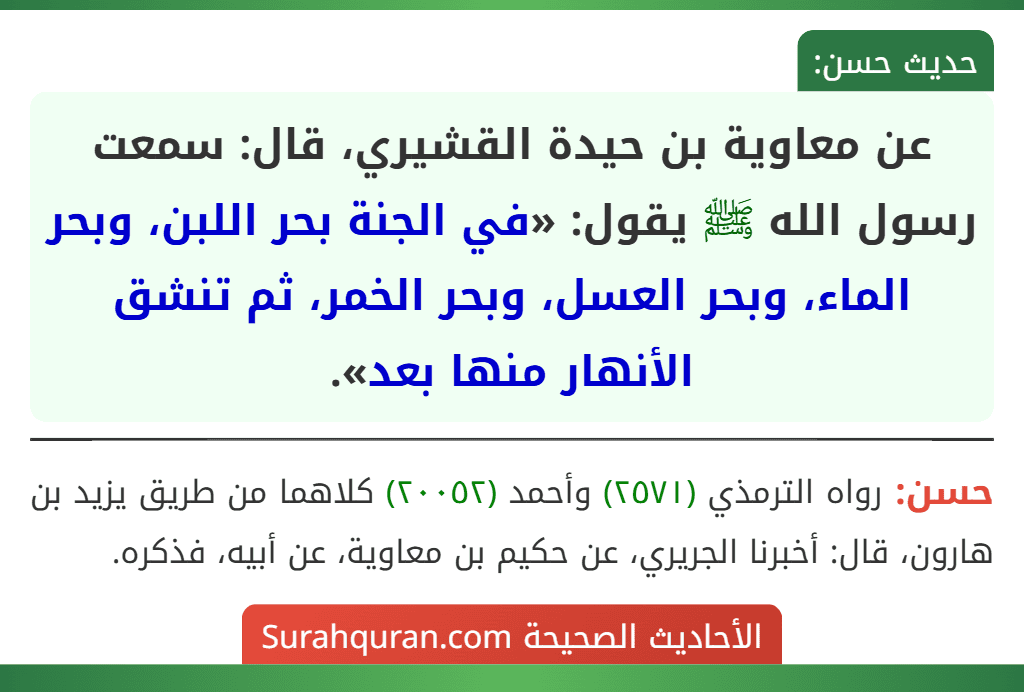عن معاوية بن حيدة القشيري، قال: سمعت رسول الله ﷺ يقول: «في الجنة بحر اللبن، وبحر الماء، وبحر العسل، وبحر الخمر، ثم تنشق الأنهار منها بعد».