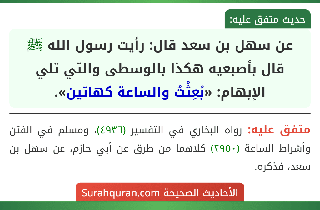 عن سهل بن سعد قال: رأيت رسول الله ﷺ قال بأصبعيه هكذا بالوسطى والتي تلي الإبهام: «بُعِثْتُ والساعة كهاتين».