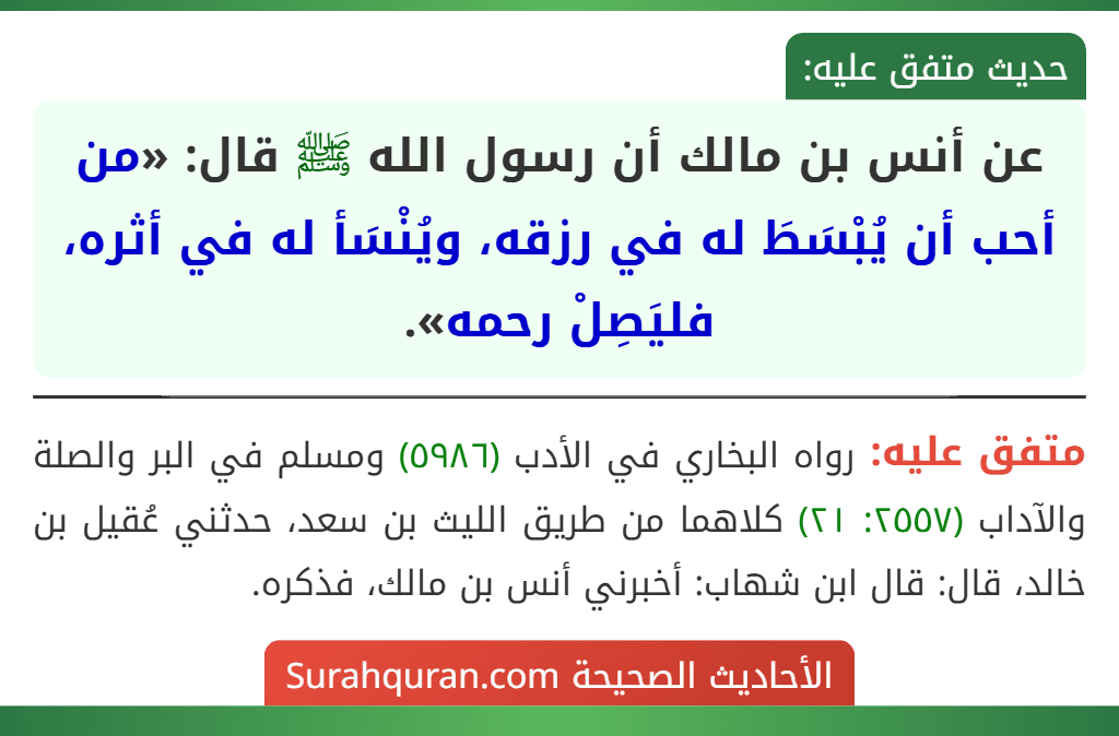 عن أنس بن مالك أن رسول الله ﷺ قال: «من أحب أن يُبْسَطَ له في رزقه، ويُنْسَأ له في أثره، فليَصِلْ رحمه».