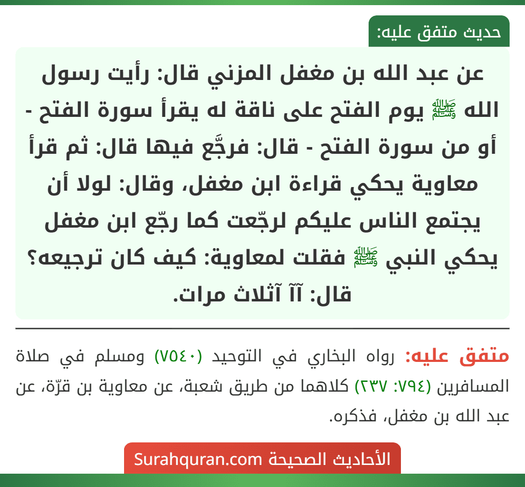 عن عبد الله بن مغفل المزني قال: رأيت رسول الله ﷺ يوم الفتح على ناقة له يقرأ سورة الفتح - أو من سورة الفتح - قال: فرجَّع فيها قال: ثم قرأ معاوية يحكي قراءة ابن مغفل، وقال: لولا أن يجتمع الناس عليكم لرجّعت كما رجّع ابن مغفل يحكي النبي ﷺ فقلت لمعاوية: كيف كان ترجيعه؟ قال: آآ آثلاث مرات.