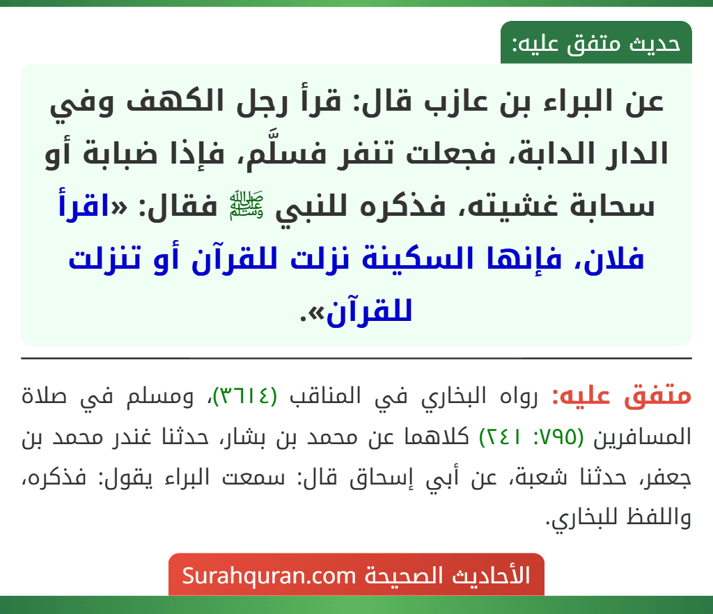 عن البراء بن عازب قال: قرأ رجل الكهف وفي الدار الدابة، فجعلت تنفر فسلَّم، فإذا ضبابة أو سحابة غشيته، فذكره للنبي ﷺ فقال: «اقرأ فلان، فإنها السكينة نزلت للقرآن أو تنزلت للقرآن».