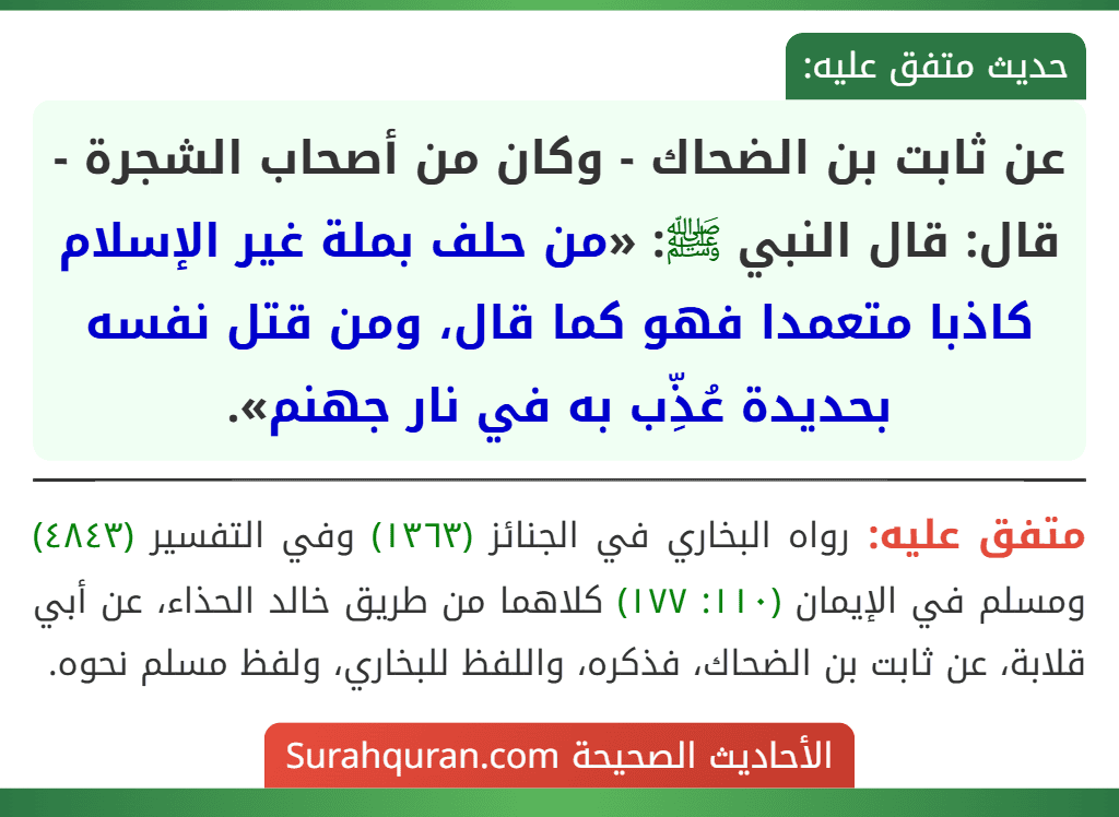 عن ثابت بن الضحاك - وكان من أصحاب الشجرة - قال: قال النبي ﷺ: «من حلف بملة غير الإسلام كاذبا متعمدا فهو كما قال، ومن قتل نفسه بحديدة عُذِّب به في نار جهنم».