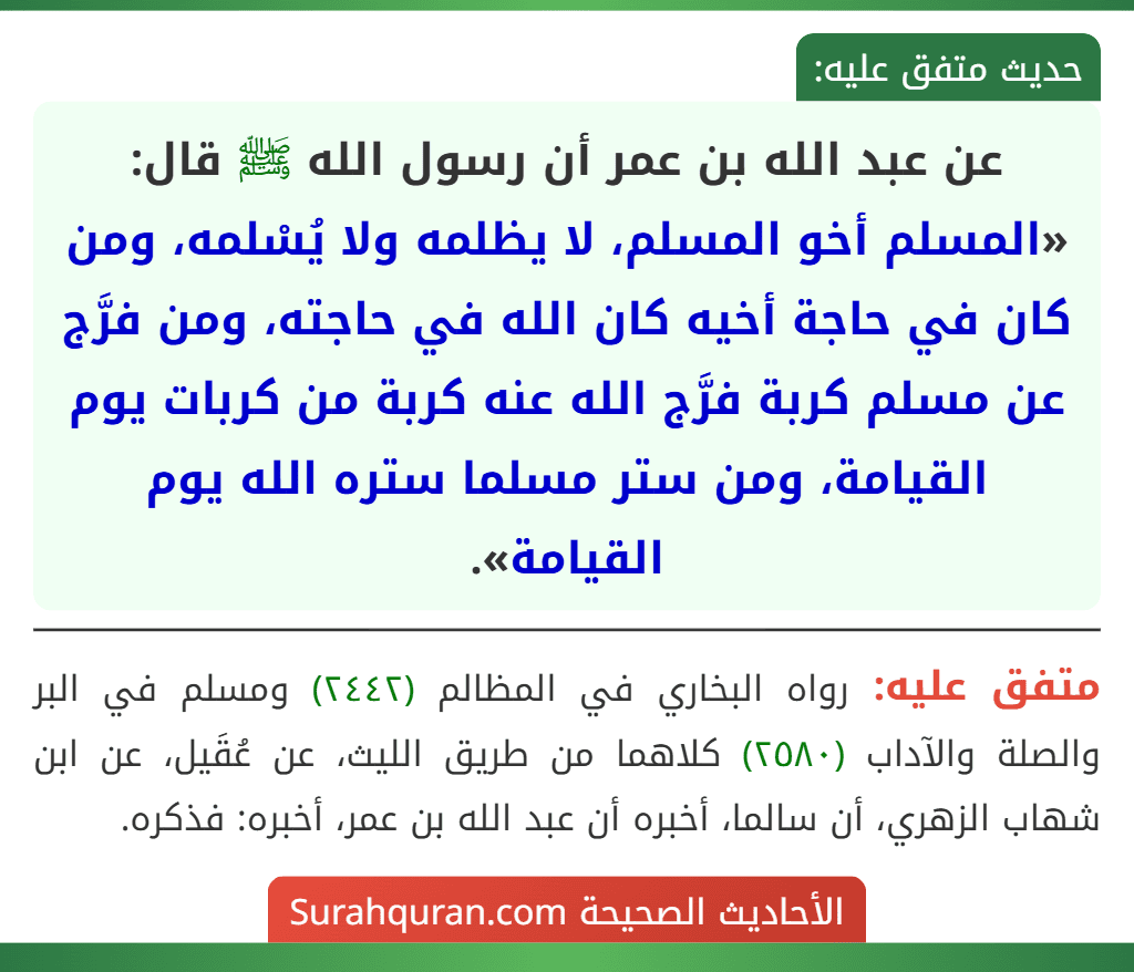 عن عبد الله بن عمر أن رسول الله ﷺ قال: «المسلم أخو المسلم، لا يظلمه ولا يُسْلمه، ومن كان في حاجة أخيه كان الله في حاجته، ومن فرَّج عن مسلم كربة فرَّج الله عنه كربة من كربات يوم القيامة، ومن ستر مسلما ستره الله يوم القيامة».