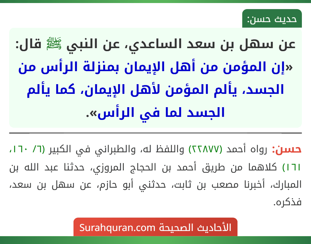 عن سهل بن سعد الساعدي، عن النبي ﷺ قال: «إن المؤمن من أهل الإيمان بمنزلة الرأس من الجسد، يألم المؤمن لأهل الإيمان، كما يألم الجسد لما في الرأس».