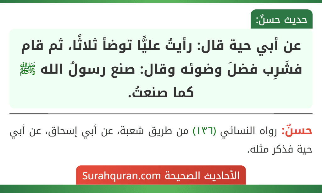 عن أبي حية قال: رأيتُ عليًّا توضأ ثلاثًا، ثم قام فشَرِب فضلَ وضوئه وقال: صنع رسولُ الله ﷺ كما صنعتُ. عن أبي حية قال: رأيتُ عليًّا توضأ ثلاثًا، ثم قام فشَرِب فضلَ وضوئه وقال: صنع رسولُ الله ﷺ كما صنعتُ.
