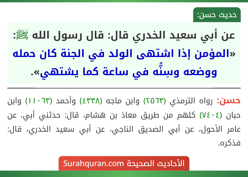 عن أبي سعيد الخدري قال: قال رسول الله ﷺ: «المؤمن إذا اشتهى الولد في الجنة كان حمله ووضعه وسِنُّه في ساعة كما يشتهي».
