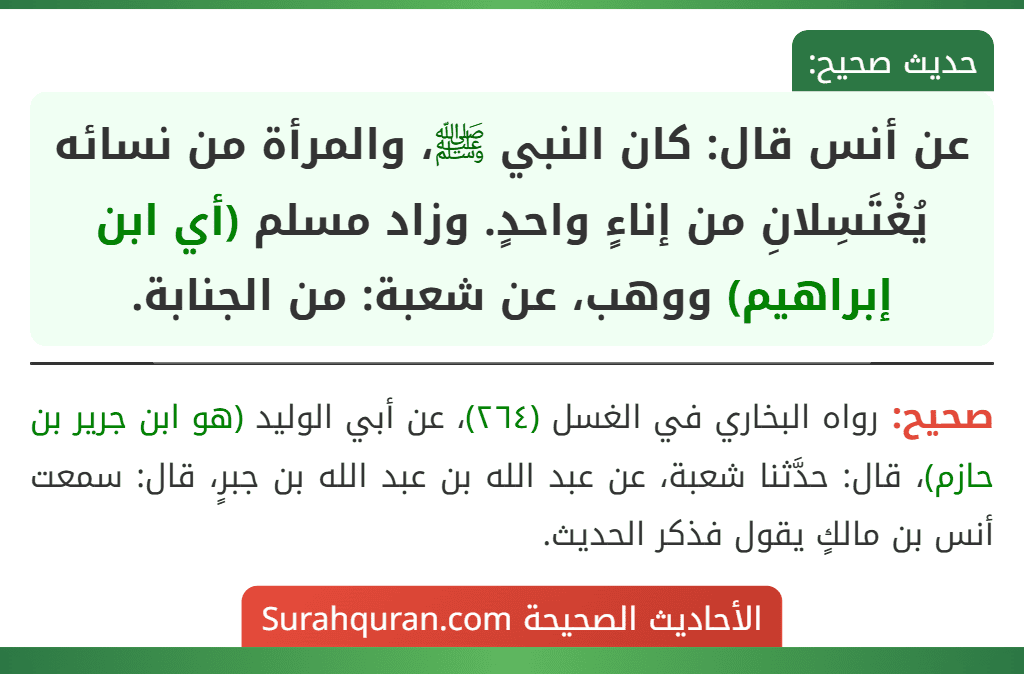 عن أنس قال: كان النبي ﷺ، والمرأة من نسائه يُغْتَسِلانِ من إناءٍ واحدٍ. وزاد مسلم (أي ابن إبراهيم) ووهب، عن شعبة: من الجنابة.