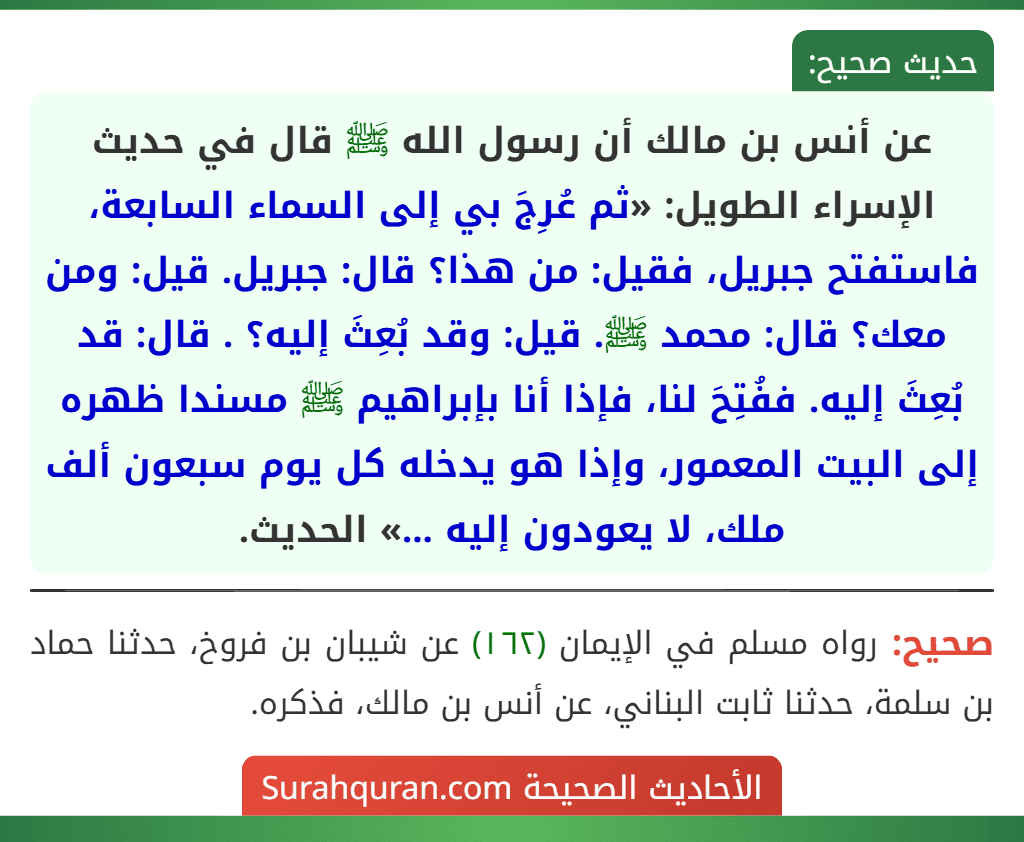 عن أنس بن مالك أن رسول الله ﷺ قال في حديث الإسراء الطويل: «ثم عُرِجَ بي إلى السماء السابعة، فاستفتح جبريل، فقيل: من هذا؟ قال: جبريل. قيل: ومن معك؟ قال: محمد ﷺ. قيل: وقد بُعِثَ إليه؟ . قال: قد بُعِثَ إليه. ففُتِحَ لنا، فإذا أنا بإبراهيم ﷺ مسندا ظهره إلى البيت المعمور، وإذا هو يدخله كل يوم سبعون ألف ملك، لا يعودون إليه ...» الحديث.