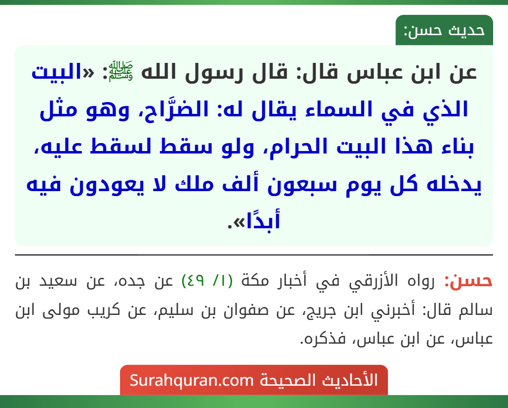عن ابن عباس قال: قال رسول الله ﷺ: «البيت الذي في السماء يقال له: الضرَّاح، وهو مثل بناء هذا البيت الحرام، ولو سقط لسقط عليه، يدخله كل يوم سبعون ألف ملك لا يعودون فيه أبدًا».