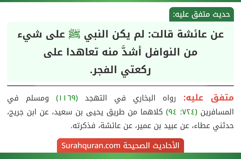 عن عائشة قالت: لم يكن النبي ﷺ على شيء من النوافل أشدَّ منه تعاهدا على
ركعتي الفجر.