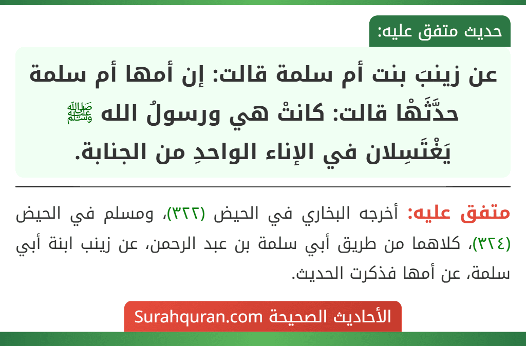 عن زينبَ بنت أم سلمة قالت: إن أمها أم سلمة حدَّثَهْا قالت: كانتْ هي ورسولُ الله ﷺ يَغْتَسِلان في الإناء الواحدِ من الجنابة.