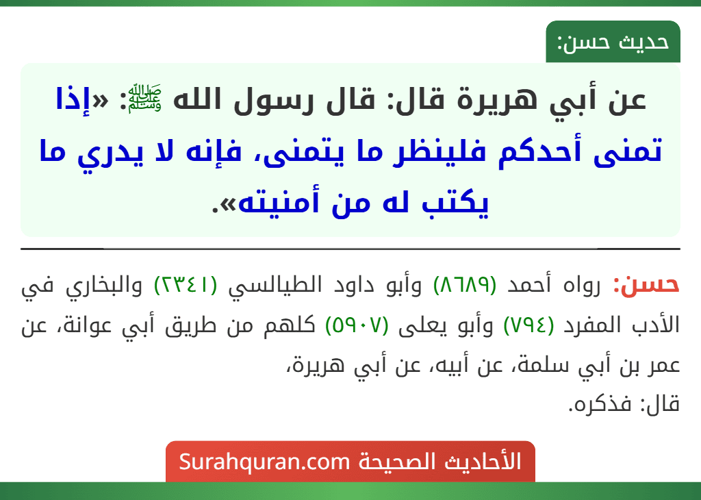 عن أبي هريرة قال: قال رسول الله ﷺ: «إذا تمنى أحدكم فلينظر ما يتمنى، فإنه لا يدري ما يكتب له من أمنيته».