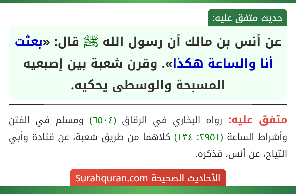 عن أنس بن مالك أن رسول الله ﷺ قال: «بعثت أنا والساعة هكذا». وقرن شعبة بين إصبعيه المسبحة والوسطى يحكيه. عن أنس بن مالك أن رسول الله ﷺ قال: «بعثت أنا والساعة هكذا». وقرن شعبة بين إصبعيه المسبحة والوسطى يحكيه.