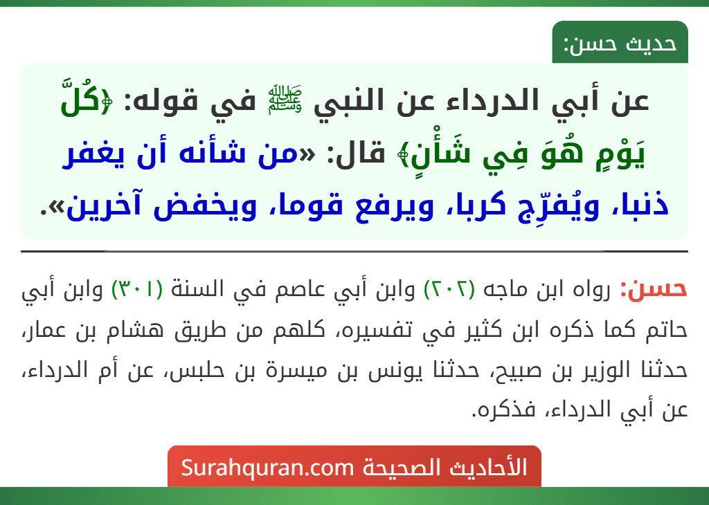 عن أبي الدرداء عن النبي ﷺ في قوله: ﴿كُلَّ يَوْمٍ هُوَ فِي شَأْنٍ﴾ قال: «من شأنه أن يغفر ذنبا، ويُفرِّج كربا، ويرفع قوما، ويخفض آخرين».