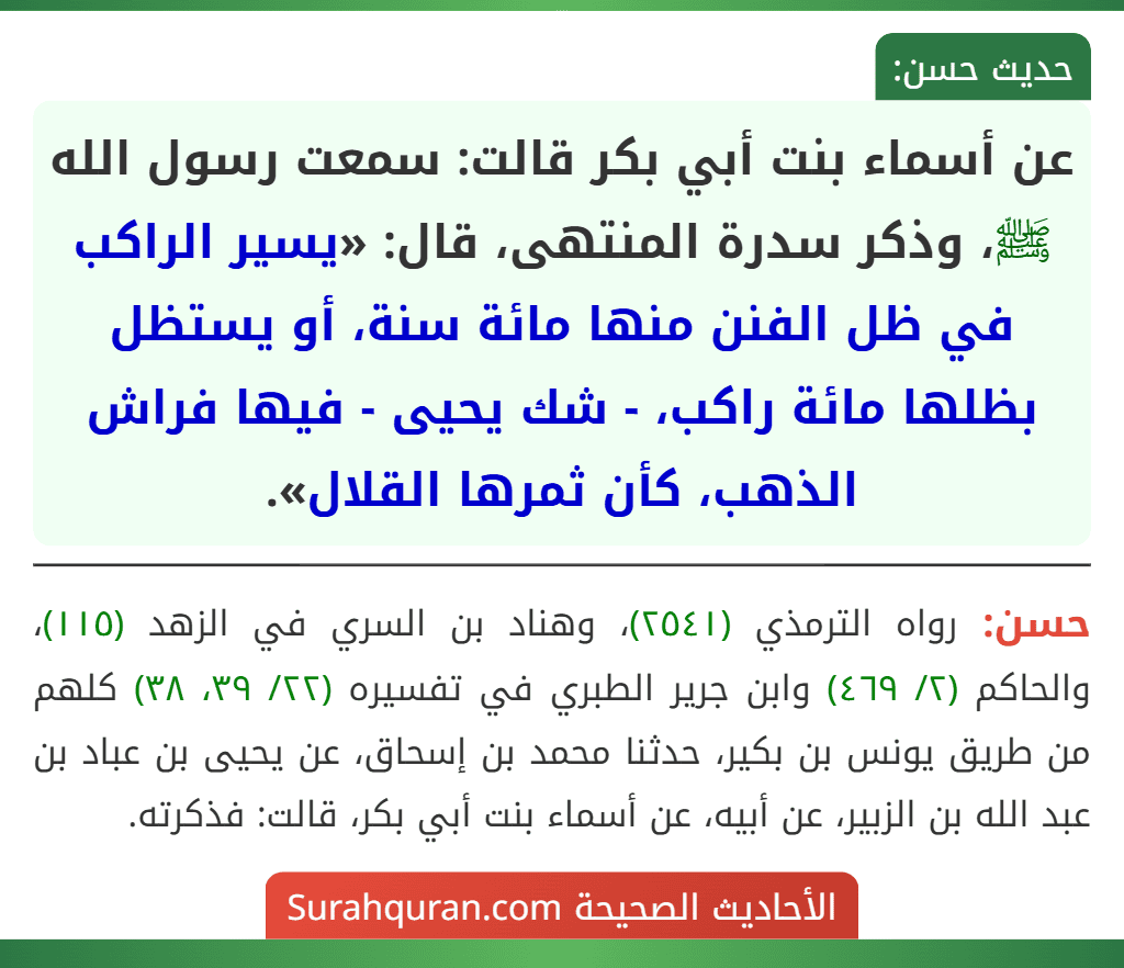عن أسماء بنت أبي بكر قالت: سمعت رسول الله ﷺ، وذكر سدرة المنتهى، قال: «يسير الراكب في ظل الفنن منها مائة سنة، أو يستظل بظلها مائة راكب، - شك يحيى - فيها فراش الذهب، كأن ثمرها القلال».