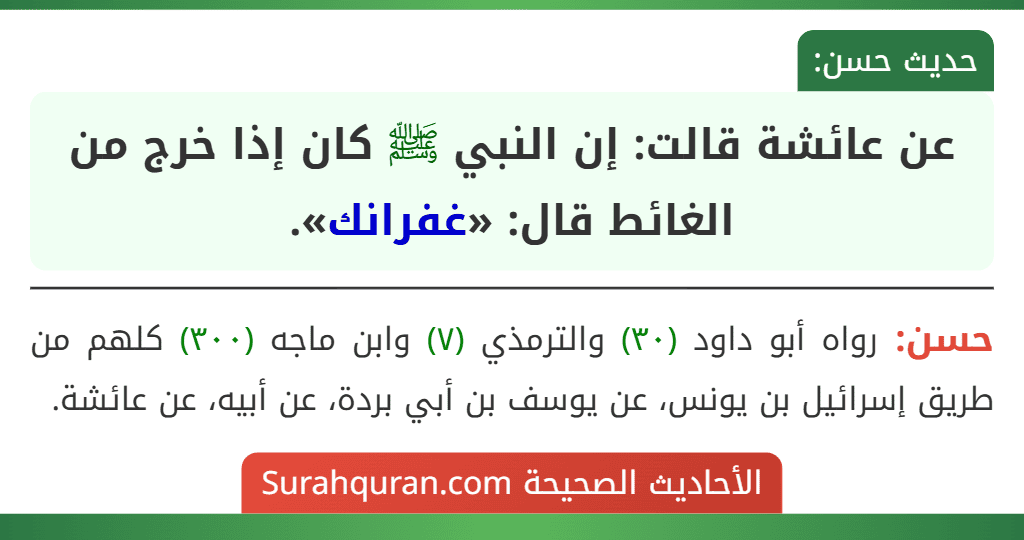 عن عائشة قالت: إن النبي ﷺ كان إذا خرج من الغائط قال: «غفرانك». عن عائشة قالت: إن النبي ﷺ كان إذا خرج من الغائط قال: «غفرانك».