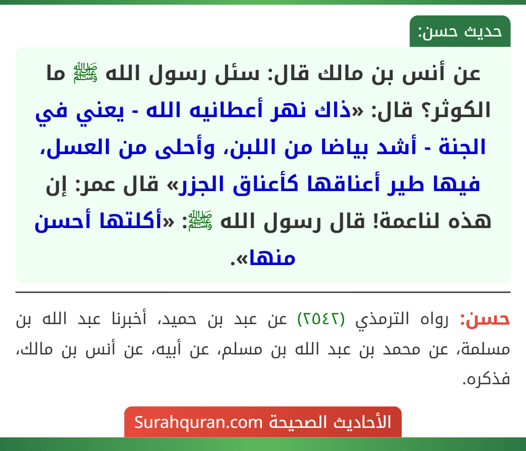عن أنس بن مالك قال: سئل رسول الله ﷺ ما الكوثر؟ قال: «ذاك نهر أعطانيه الله - يعني في الجنة - أشد بياضا من اللبن، وأحلى من العسل، فيها طير أعناقها كأعناق الجزر» قال عمر: إن هذه لناعمة! قال رسول الله ﷺ: «أكلتها أحسن منها». عن أنس بن مالك قال: سئل رسول الله ﷺ ما الكوثر؟ قال: «ذاك نهر أعطانيه الله - يعني في الجنة - أشد بياضا من اللبن، وأحلى من العسل، فيها طير أعناقها كأعناق الجزر» قال عمر: إن هذه لناعمة! قال رسول الله ﷺ: «أكلتها أحسن منها».